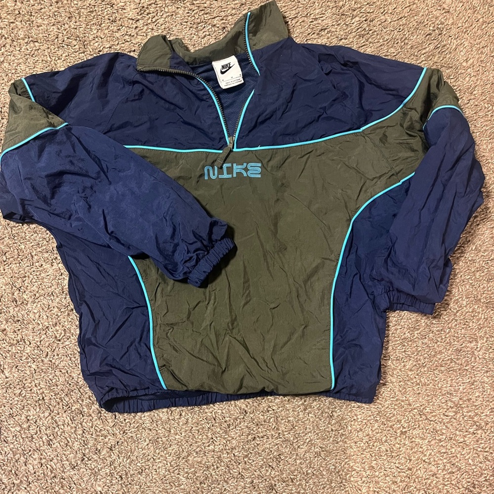 Nike Kids Navy & Olive Half-Zip Pullover Windbreaker with Teal Piping